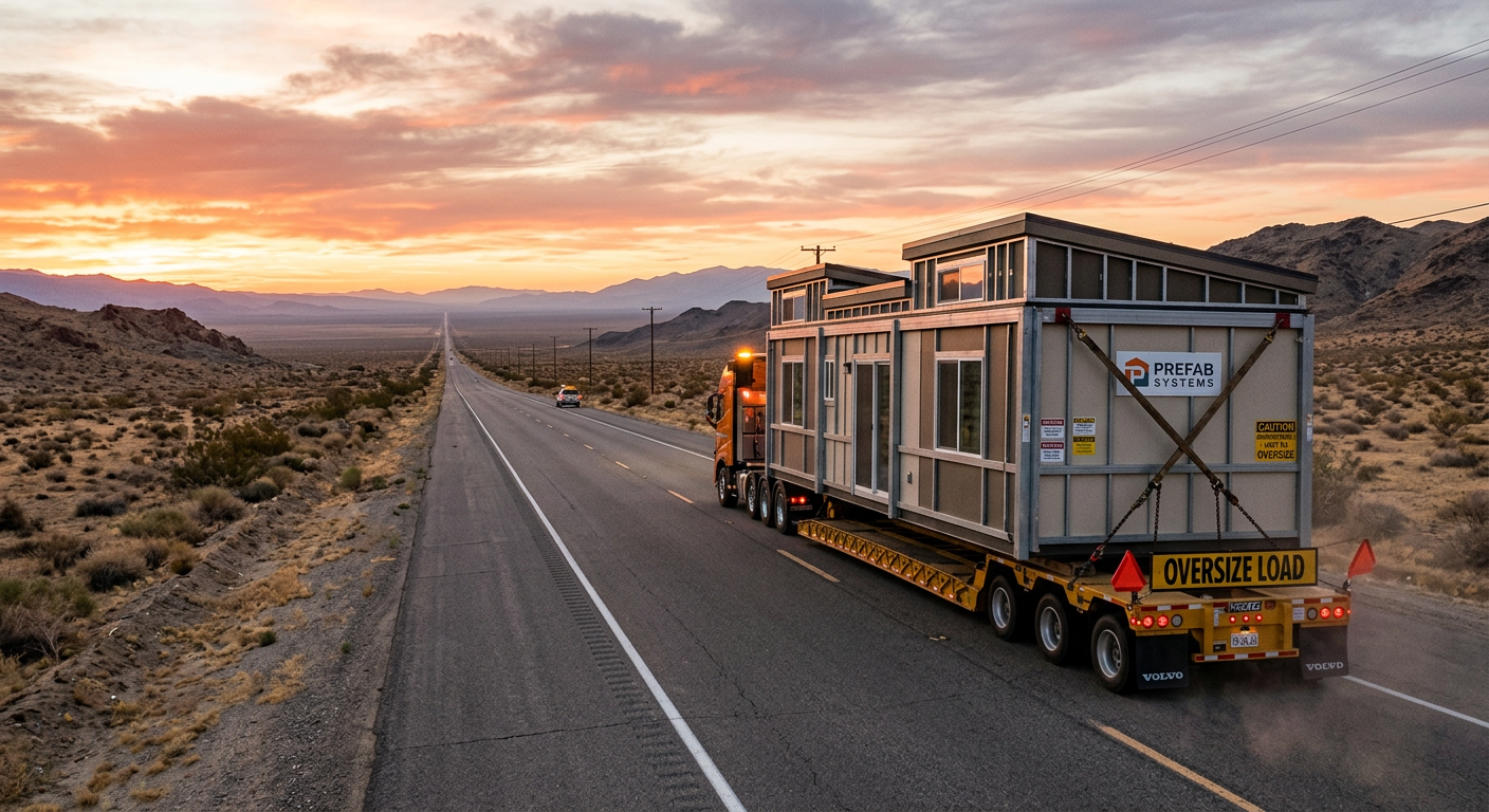 Specialized transport truck carrying a prefab module across a desert highway
