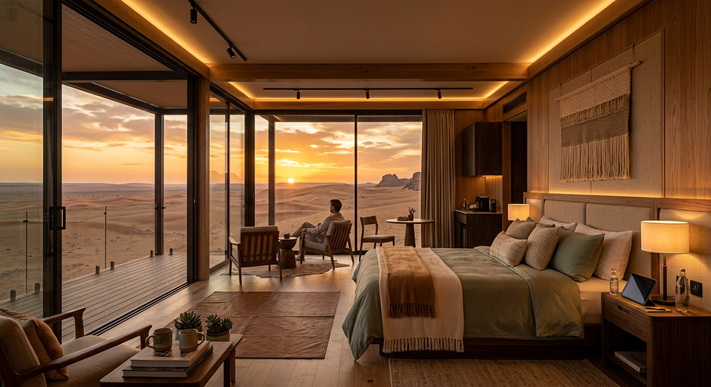 Interior of a luxurious modular hotel suite with desert views