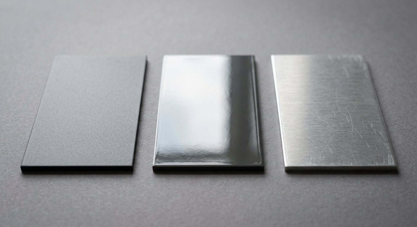 Close-up of three aluminum panel samples showing powder coat, PVDF, and anodized finishes