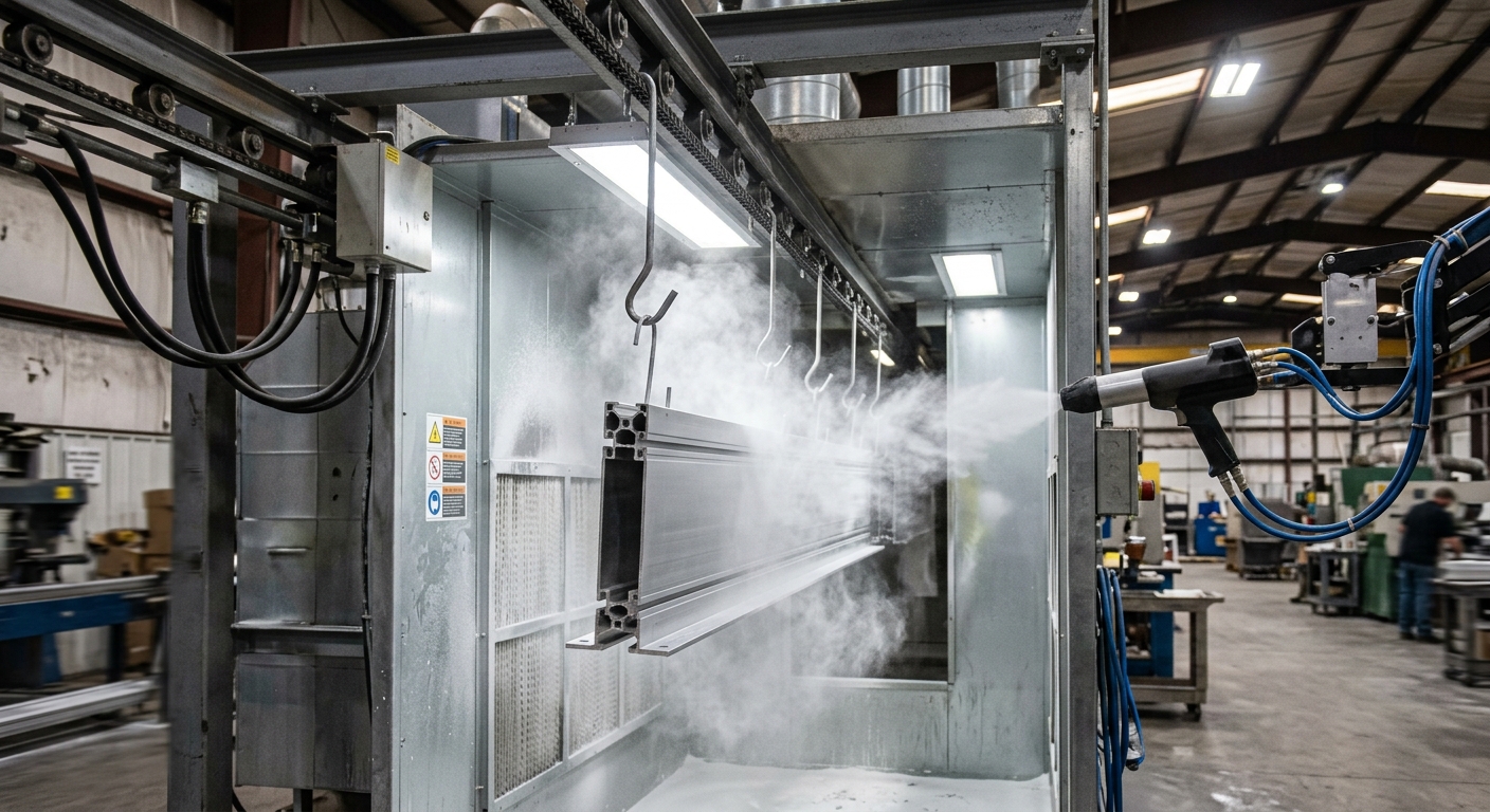Aluminum profile being powder coated in an industrial spray booth