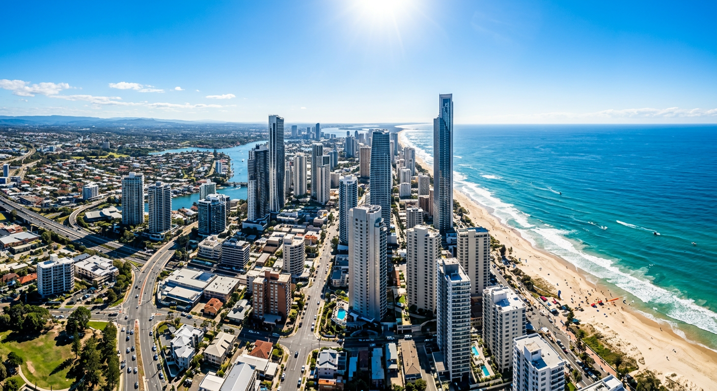 Coastal high-rise buildings with aluminum facades under harsh sun