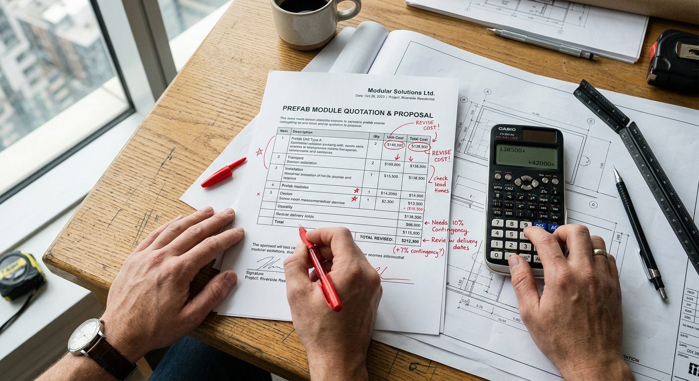 Annotated prefab quotation document on architect's desk showing cost variations