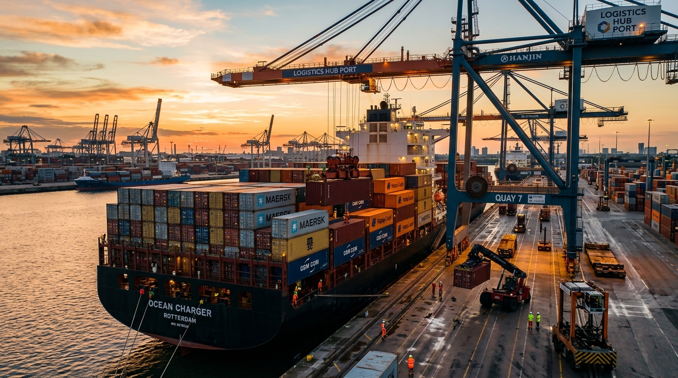 Shipping containers loaded at a port during sunset representing prefab logistics costs
