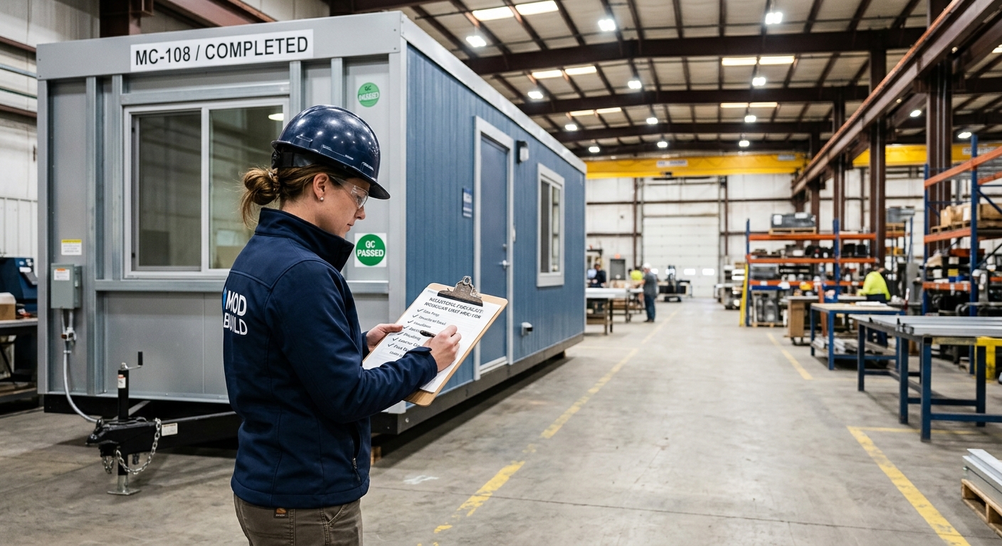 Project manager reviewing milestone checklist beside modular building in factory