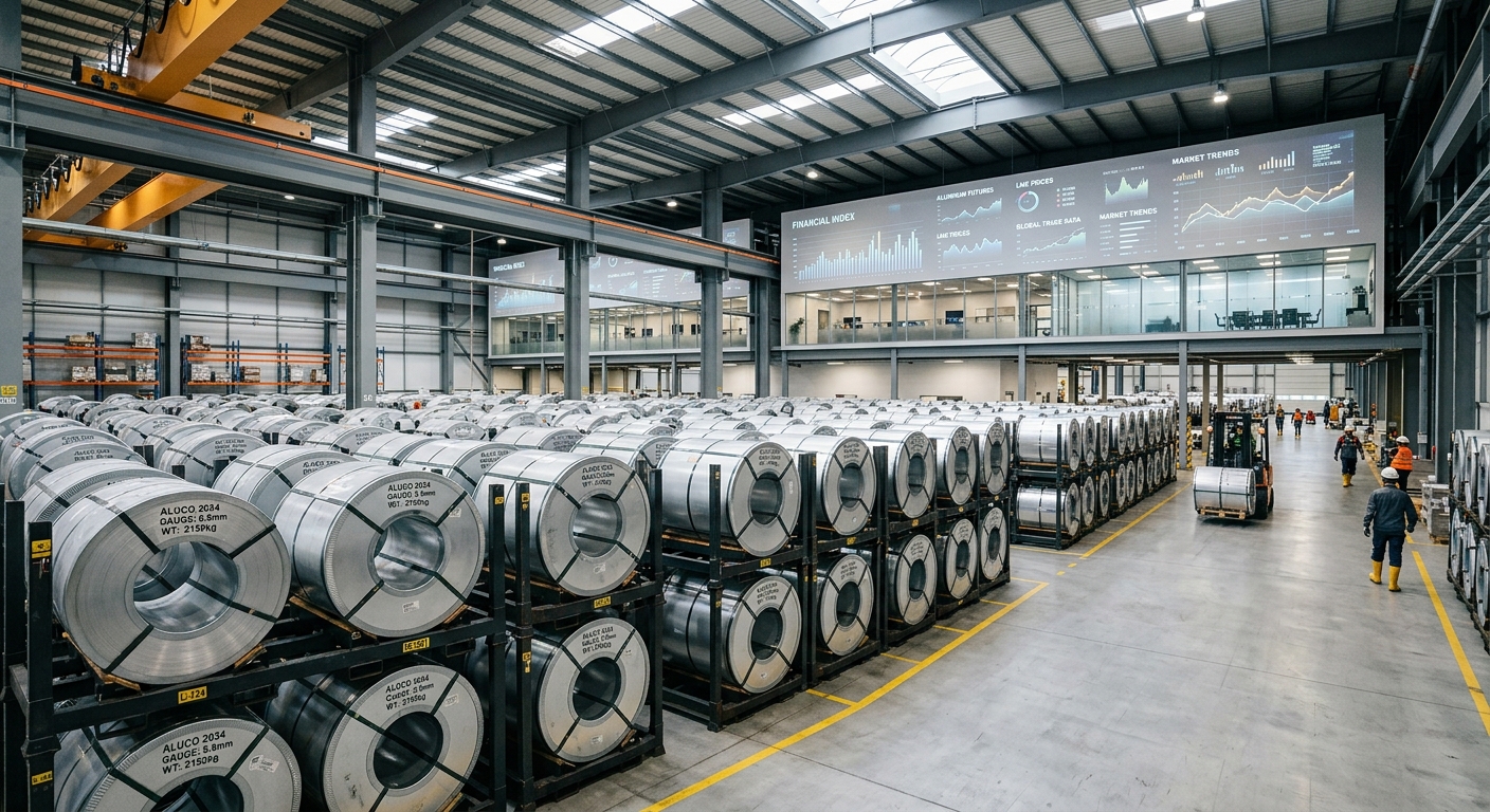 Aluminum coils stacked in factory warehouse representing commodity price exposure