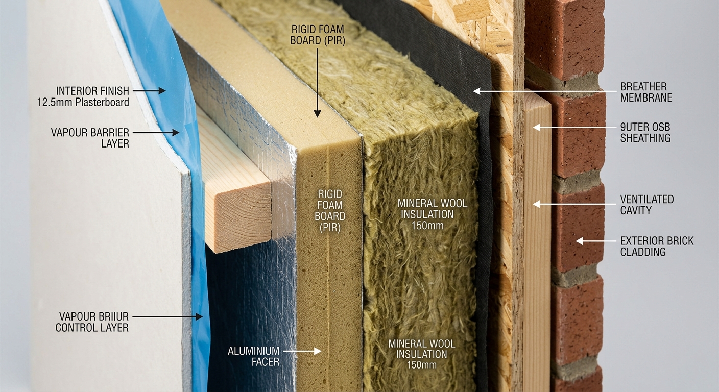 Cross-section detail of multi-layer wall insulation showing rigid foam and mineral wool layers