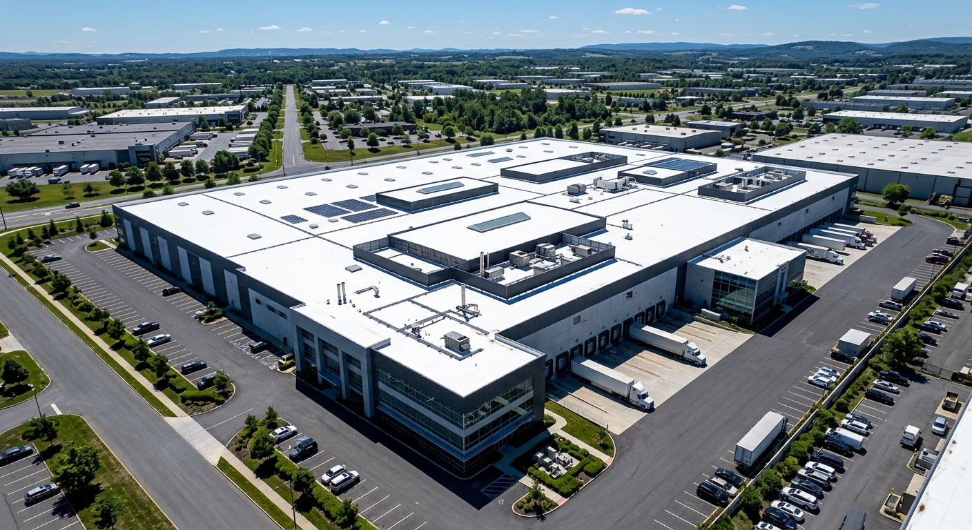 High-SRI cool roof on a modern industrial building reflecting sunlight