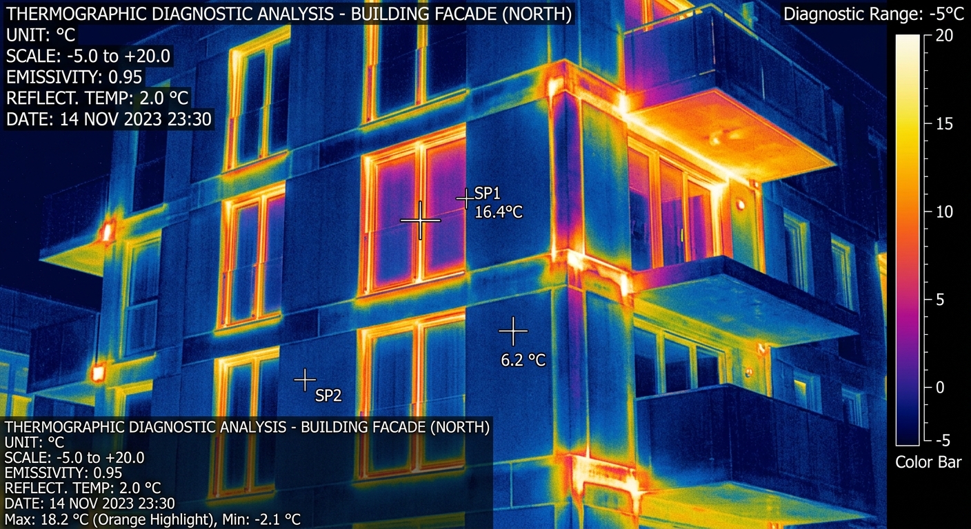 Thermographic image of building facade revealing thermal bridges as hotspots