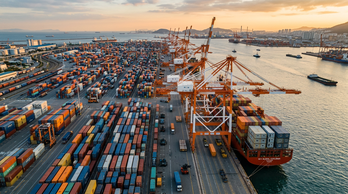 Aerial view of an international shipping container port with modular units being loaded