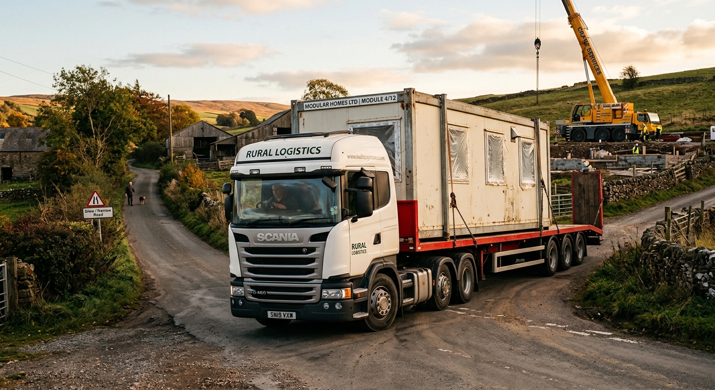 Modular building delivered by flatbed truck navigating a narrow access road to a remote construction site