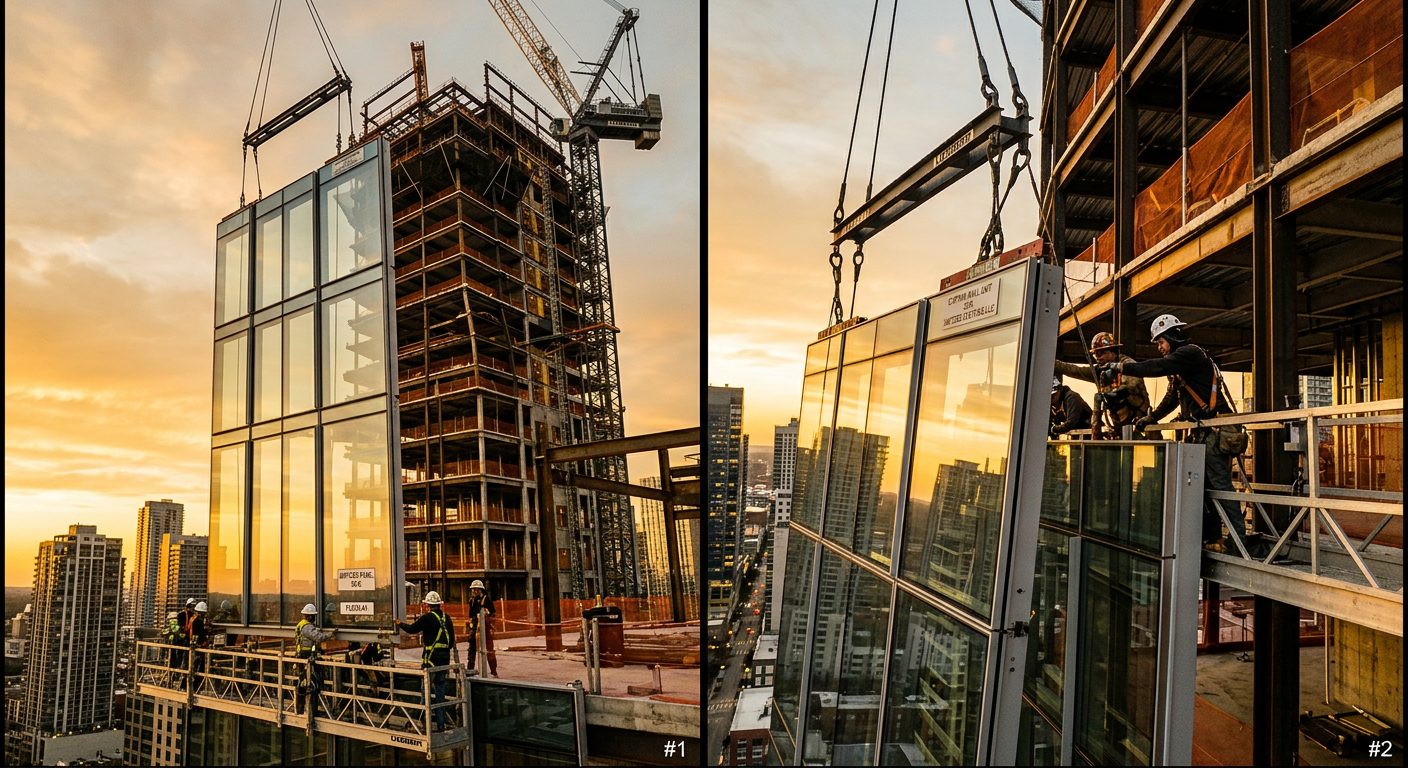 Unitized curtain wall panel being craned onto a high-rise tower