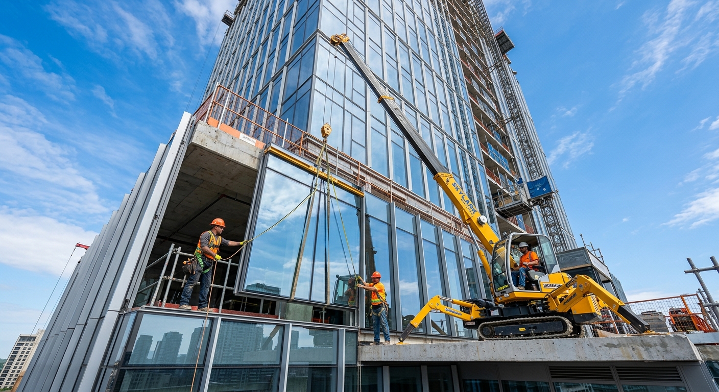 Workers installing unitized glass curtain wall panel on a high-rise building