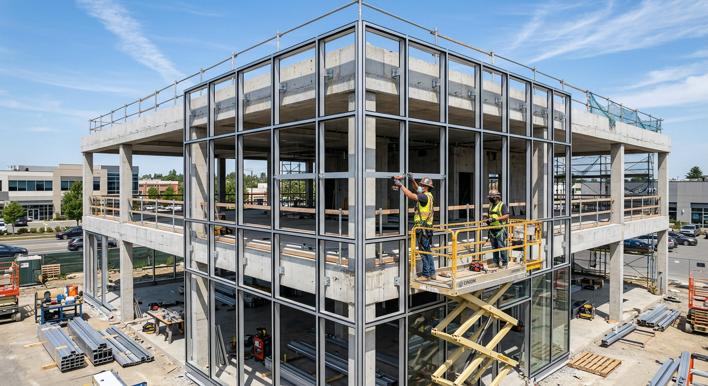 Aluminum stick-built curtain wall framing on a low-rise commercial building