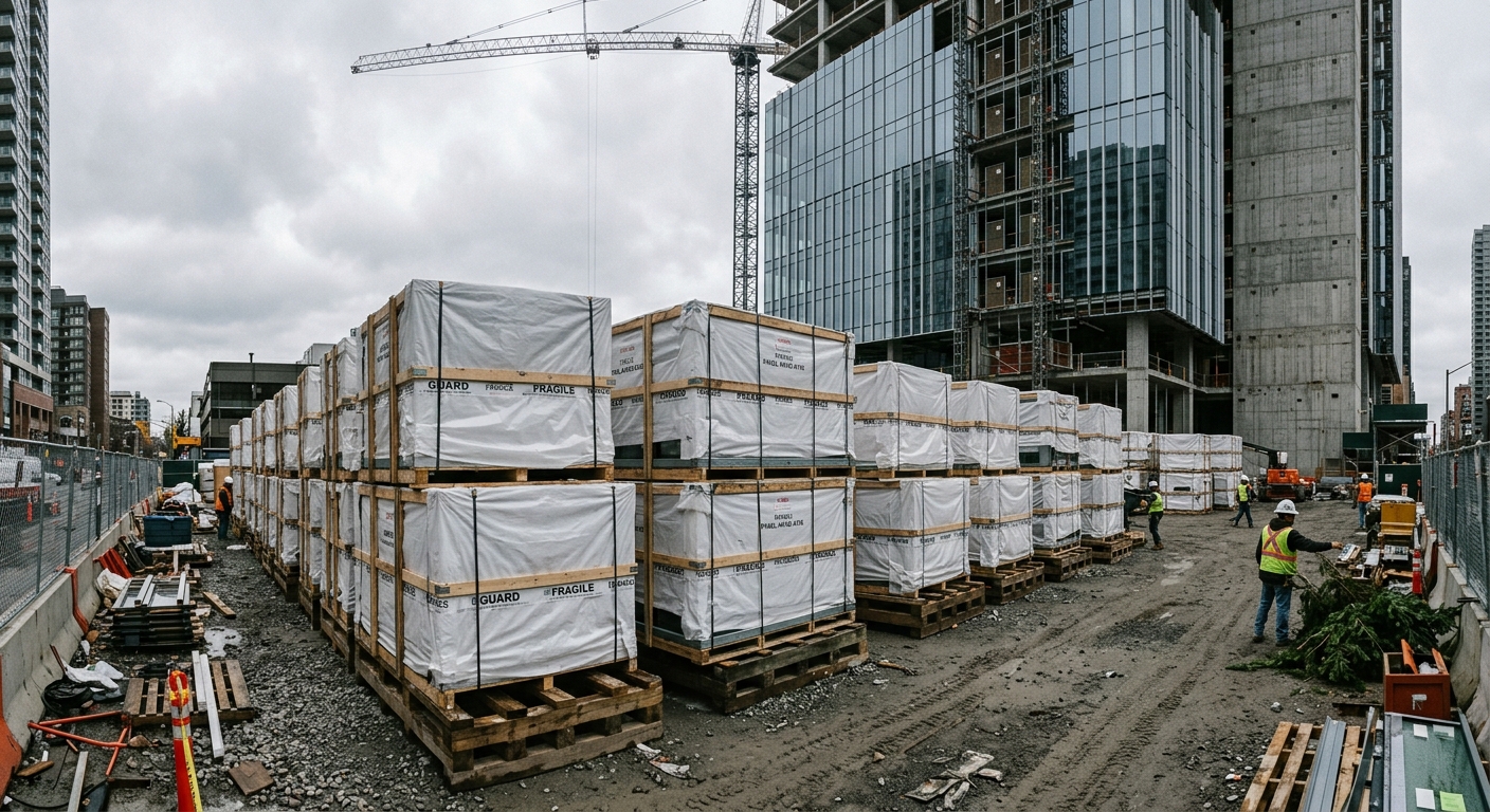 Unitized curtain wall panels staged on construction site