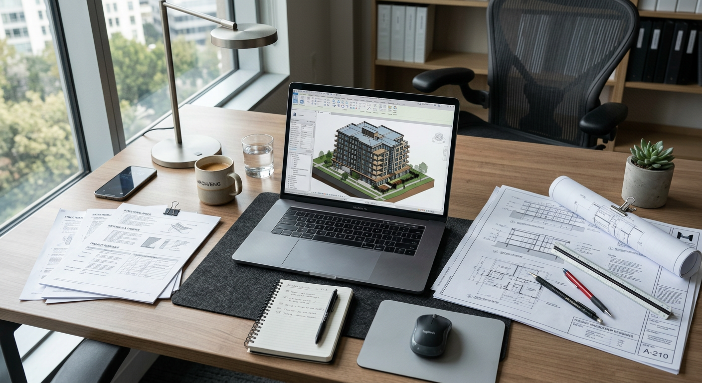Engineering desk with technical drawings and laptop showing 3D modular building model