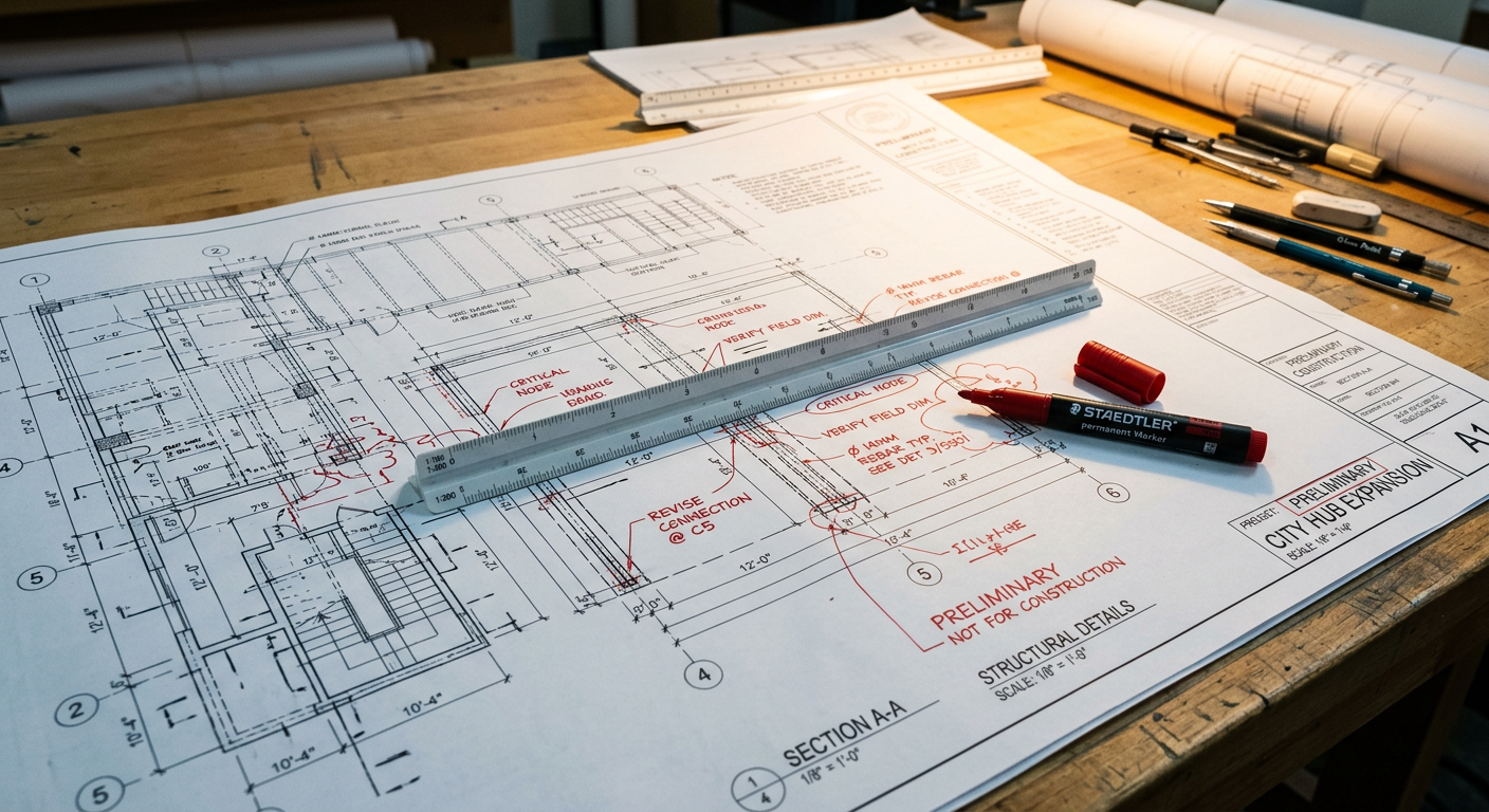 Close-up of detailed architectural shop drawings on a drafting table