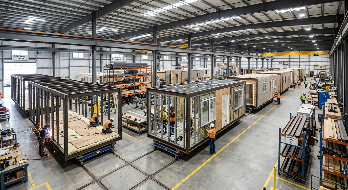Modular building modules in parallel production stages inside an aluminum manufacturing factory