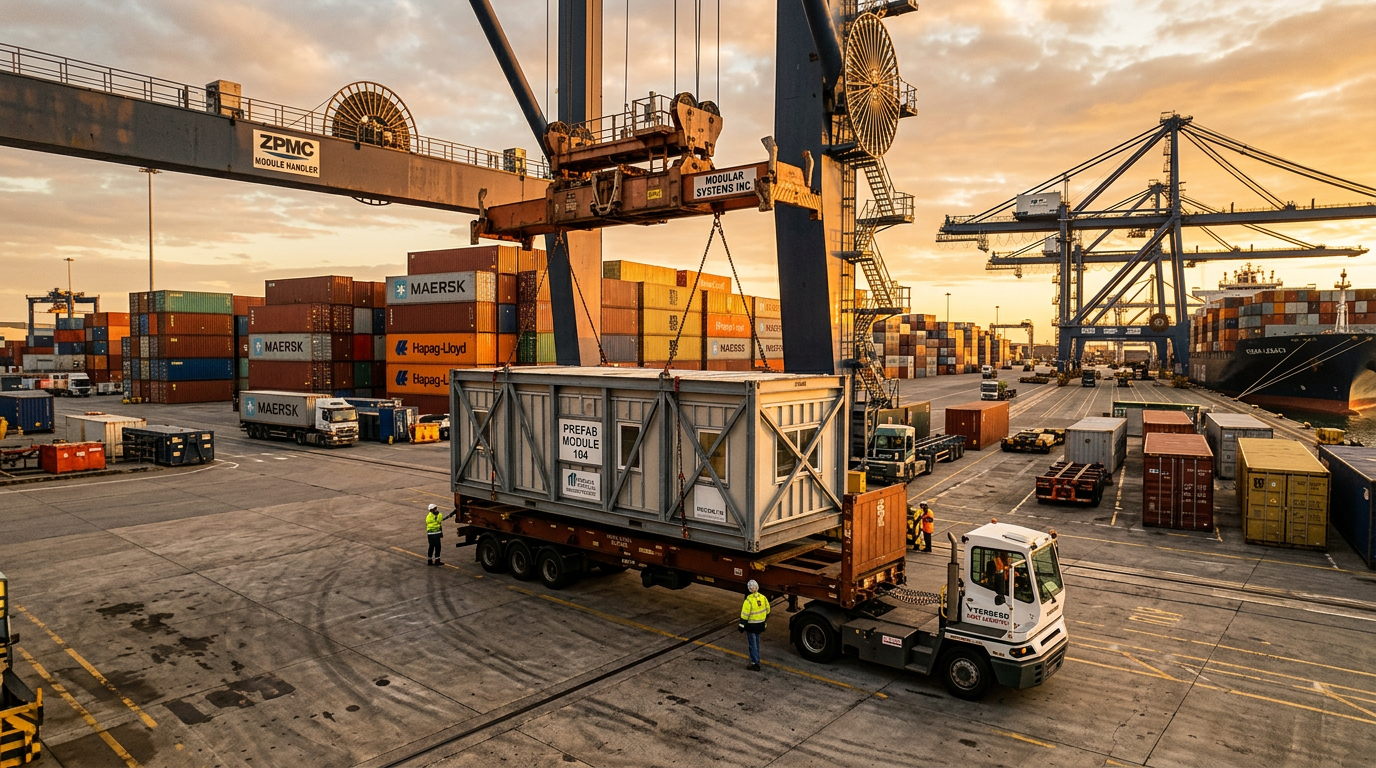 Prefabricated modules being loaded onto shipping containers at a port for international delivery