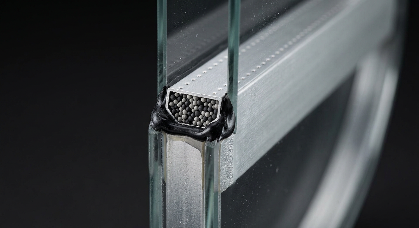 Macro view of an insulating glass unit edge showing spacer bar and low-E coating layers