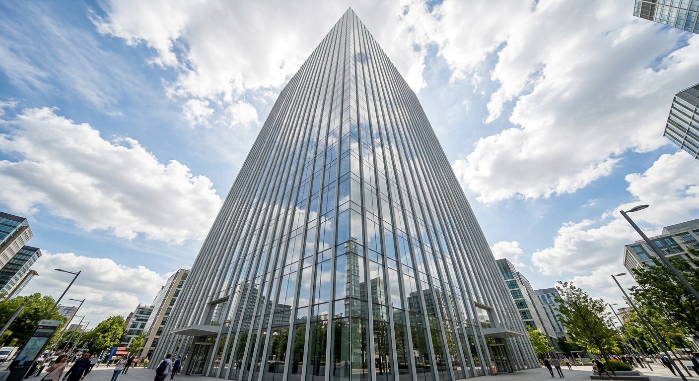 Sleek high-rise office tower facade with double-silver low-E glass under bright daylight