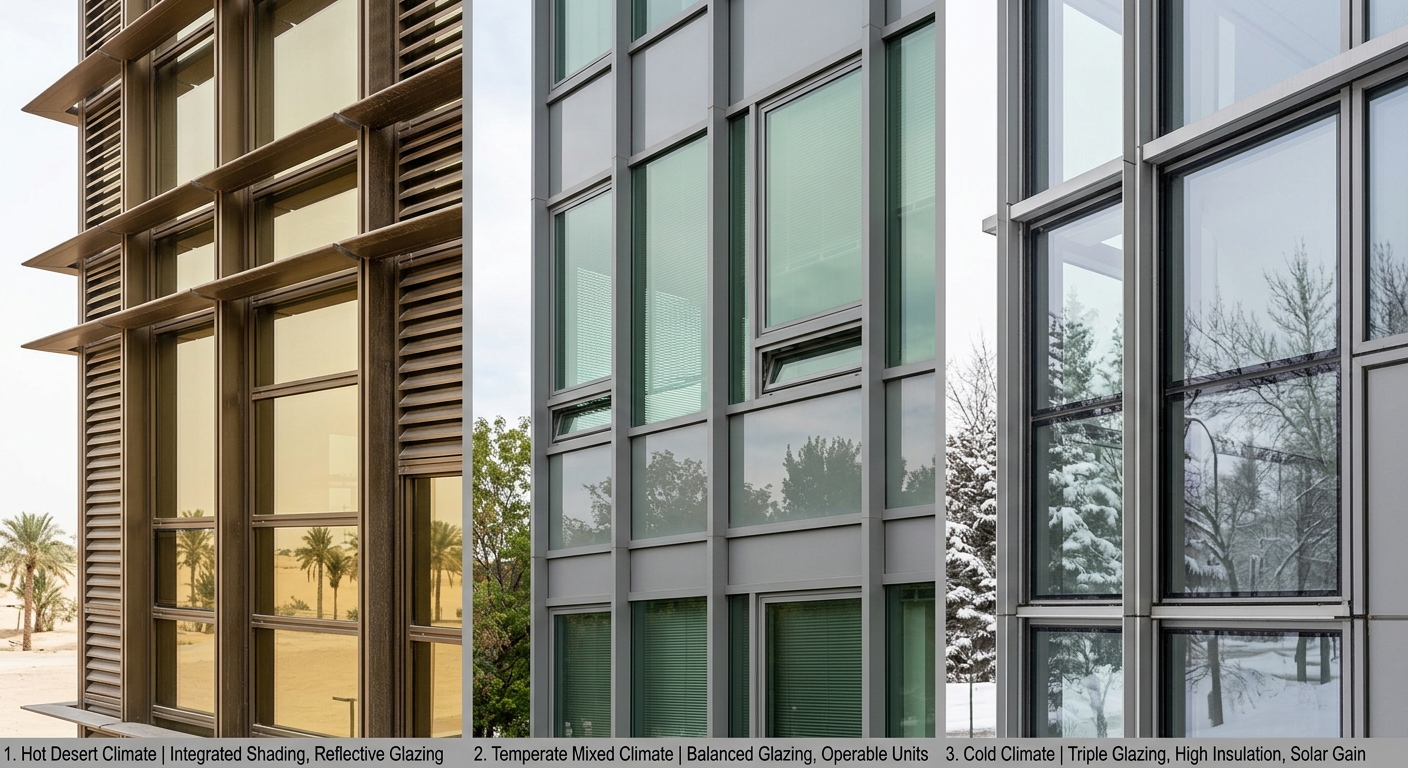 Curtain wall glass facades from different climate regions shown side by side