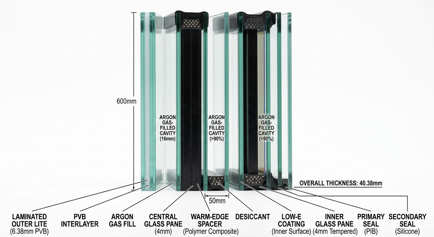 Cross-section view of a triple-pane insulating glass unit with warm edge spacer and laminated outer lite