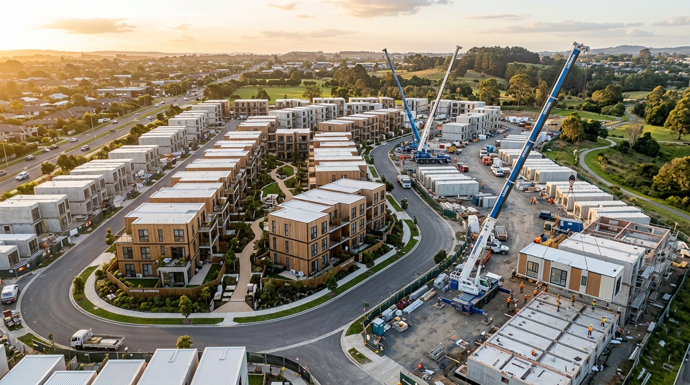 Modular housing units being craned into position on a construction site