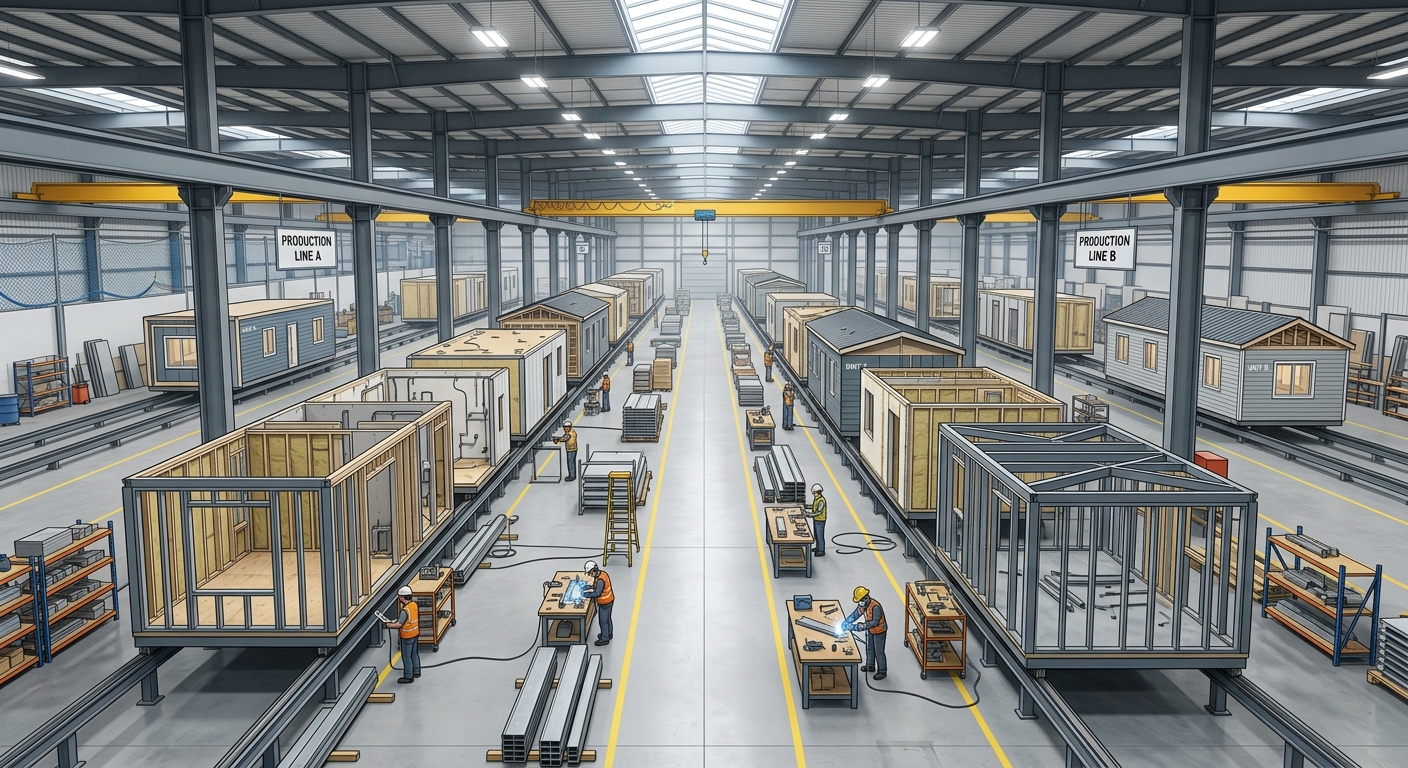 Modular housing units in production inside a manufacturing facility