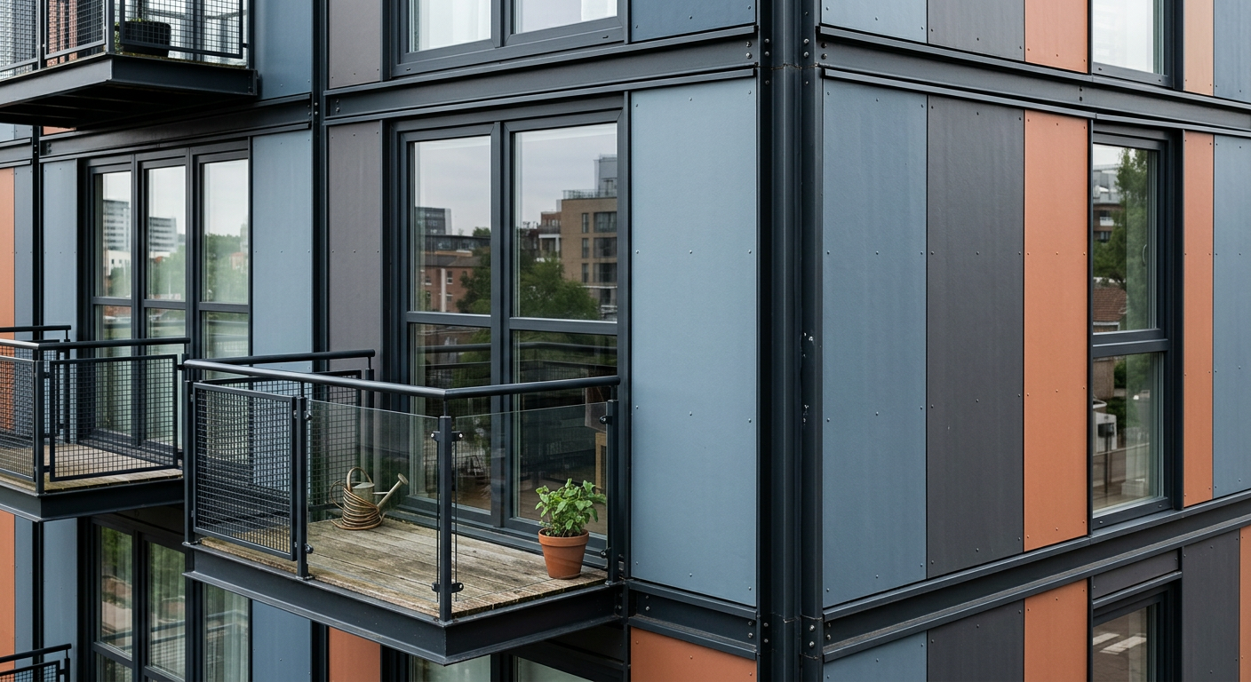 Close-up of aluminum facade detailing on a modular residential building